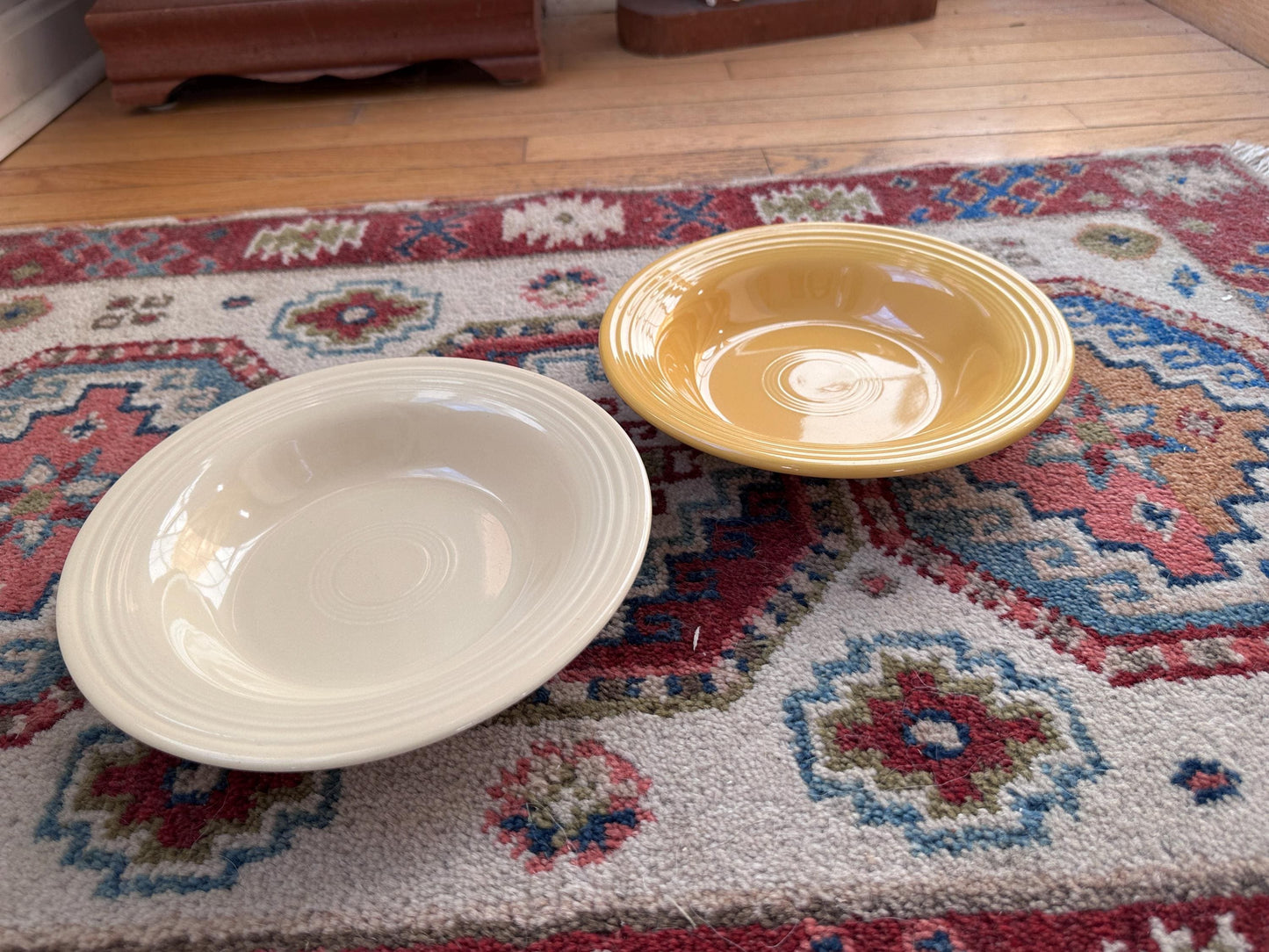 Vintage Fiesta Round Rimmed Soup Deep Plates – Yellow and Ivory/White  (Set of 2) | Genuine Vintage Fiestaware | 1936–1969 Backstamp