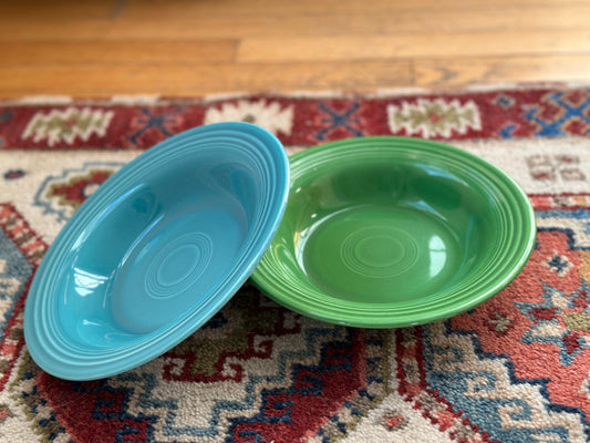 Vintage Fiesta Round Rimmed Soup Deep Plates – Green & Turquoise Blue (Set of 2) | Genuine Vintage Fiestaware | 1936–1969 Backstamp