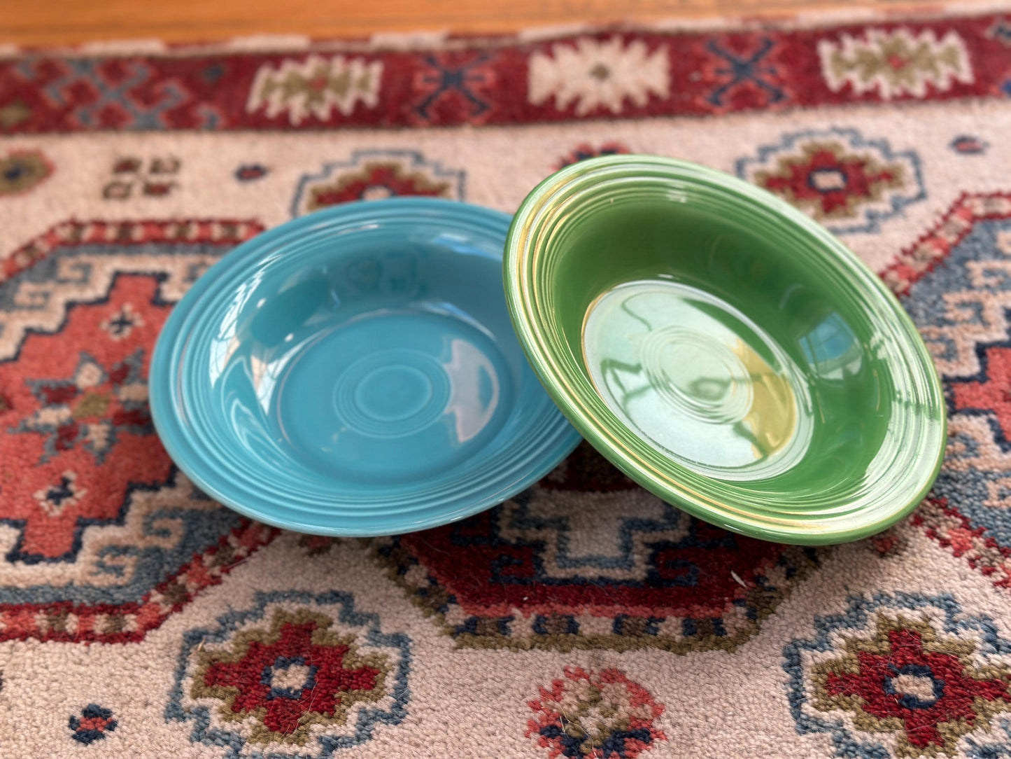 Vintage Fiesta Round Rimmed Soup Deep Plates – Green & Turquoise Blue (Set of 2) | Genuine Vintage Fiestaware | 1936–1969 Backstamp