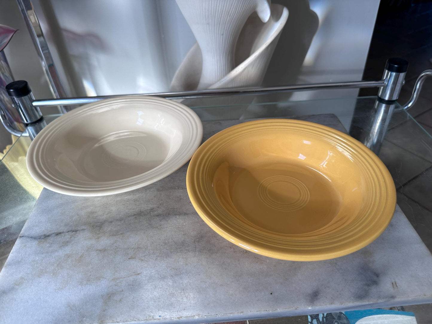 Vintage Fiesta Round Rimmed Soup Deep Plates – Yellow and Ivory/White  (Set of 2) | Genuine Vintage Fiestaware | 1936–1969 Backstamp