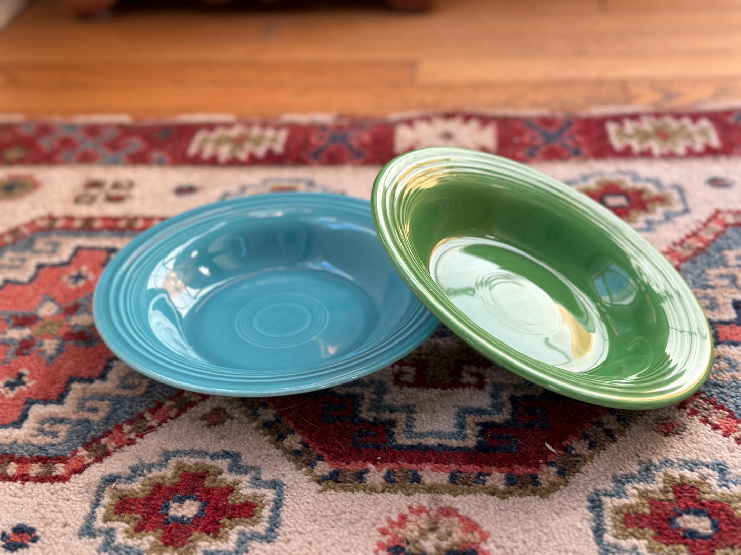 Vintage Fiesta Round Rimmed Soup Deep Plates – Green & Turquoise Blue (Set of 2) | Genuine Vintage Fiestaware | 1936–1969 Backstamp
