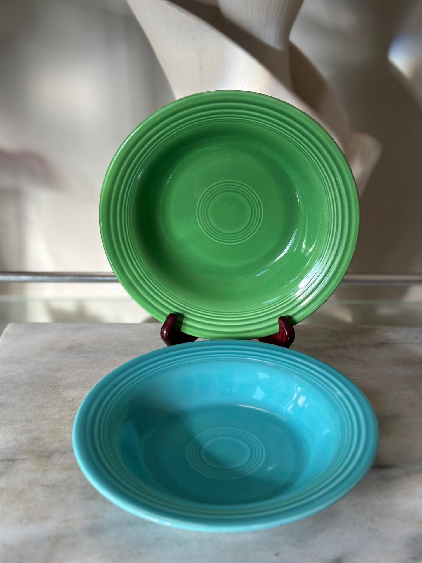 Vintage Fiesta Round Rimmed Soup Deep Plates – Green & Turquoise Blue (Set of 2) | Genuine Vintage Fiestaware | 1936–1969 Backstamp