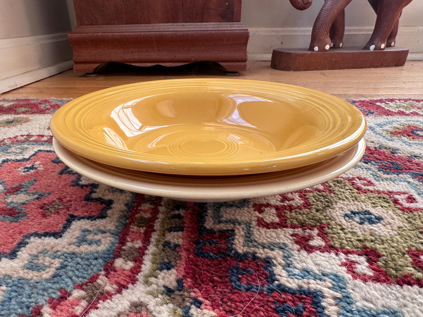 Vintage Fiesta Round Rimmed Soup Deep Plates – Yellow and Ivory/White  (Set of 2) | Genuine Vintage Fiestaware | 1936–1969 Backstamp