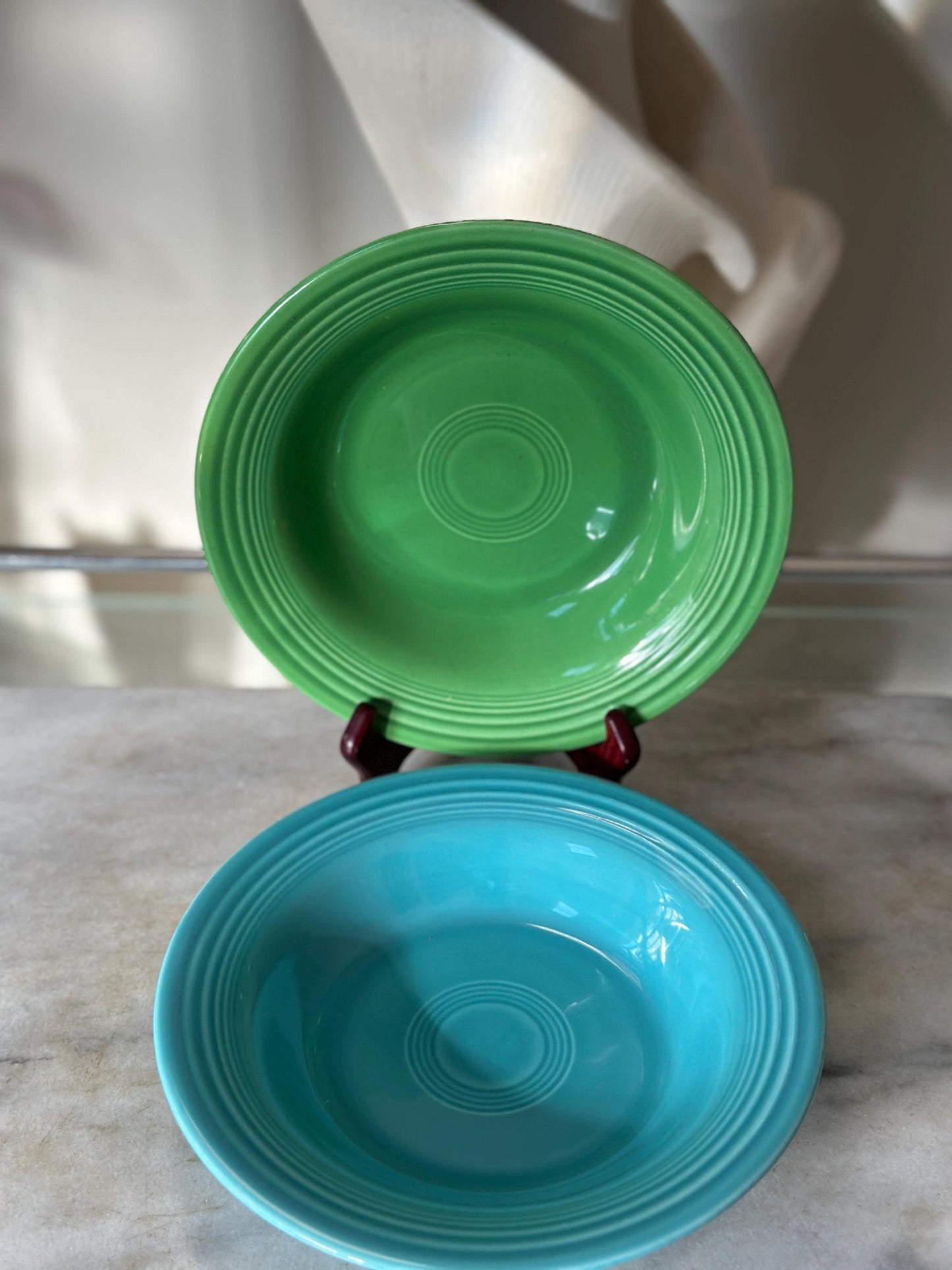 Vintage Fiesta Round Rimmed Soup Deep Plates – Green & Turquoise Blue (Set of 2) | Genuine Vintage Fiestaware | 1936–1969 Backstamp
