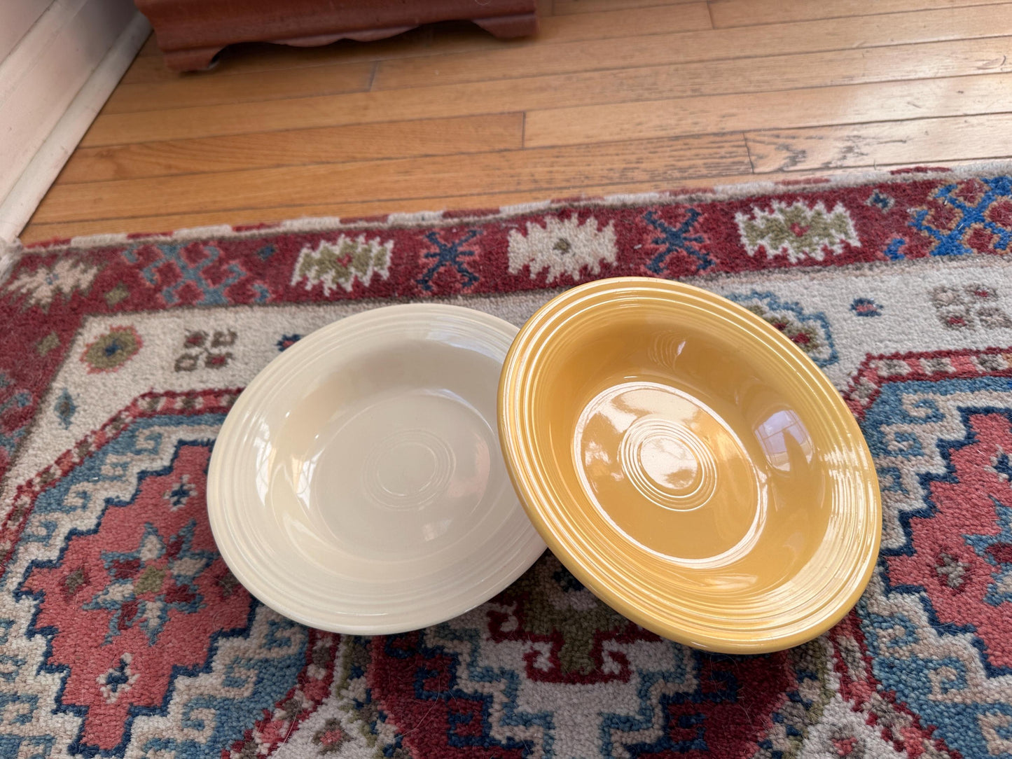 Vintage Fiesta Round Rimmed Soup Deep Plates – Yellow and Ivory/White  (Set of 2) | Genuine Vintage Fiestaware | 1936–1969 Backstamp