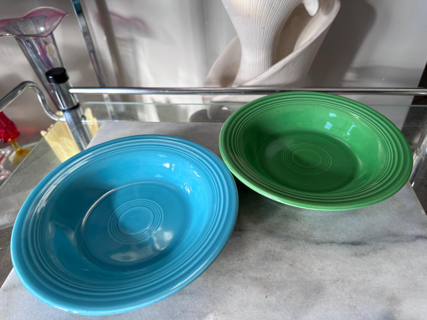 Vintage Fiesta Round Rimmed Soup Deep Plates – Green & Turquoise Blue (Set of 2) | Genuine Vintage Fiestaware | 1936–1969 Backstamp