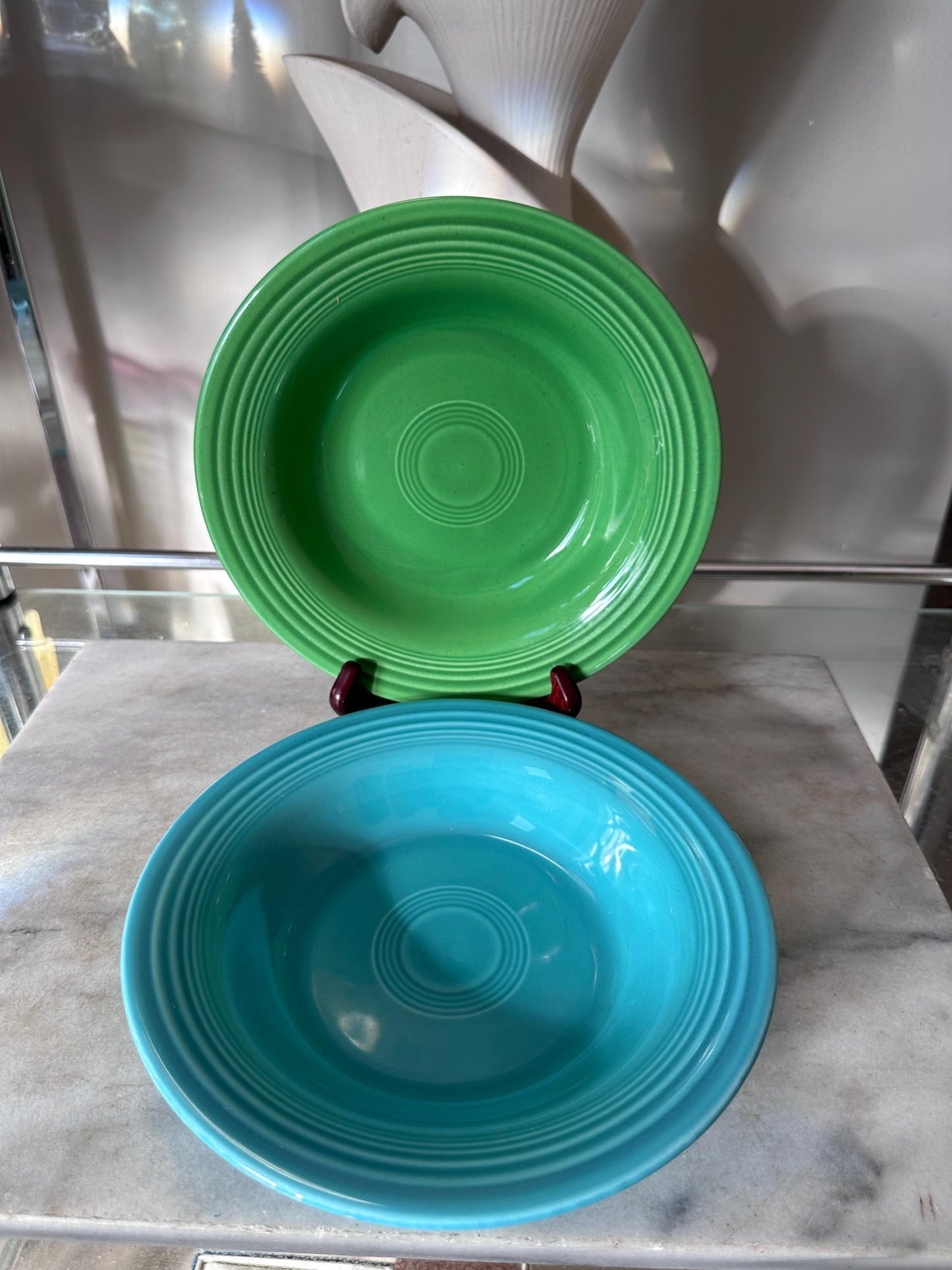 Vintage Fiesta Round Rimmed Soup Deep Plates – Green & Turquoise Blue (Set of 2) | Genuine Vintage Fiestaware | 1936–1969 Backstamp