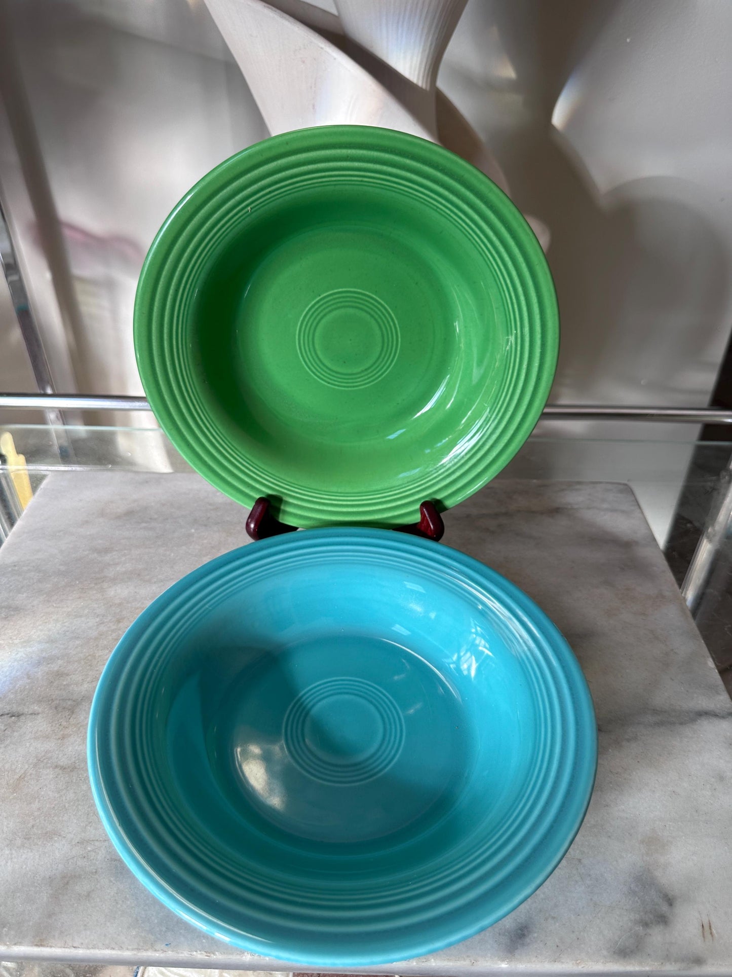 Vintage Fiesta Round Rimmed Soup Deep Plates – Green & Turquoise Blue (Set of 2) | Genuine Vintage Fiestaware | 1936–1969 Backstamp