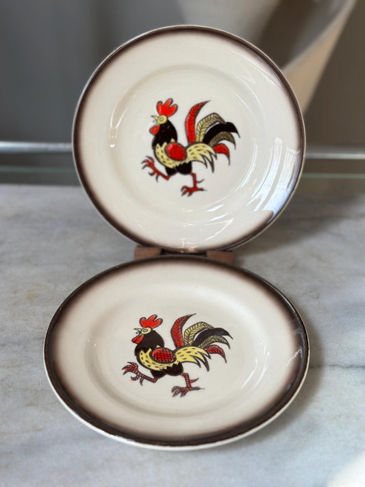 Set of 2 Vintage Metlox Red Rooster Dessert Plates – Farmhouse Kitchen MCM USA, 6.25”