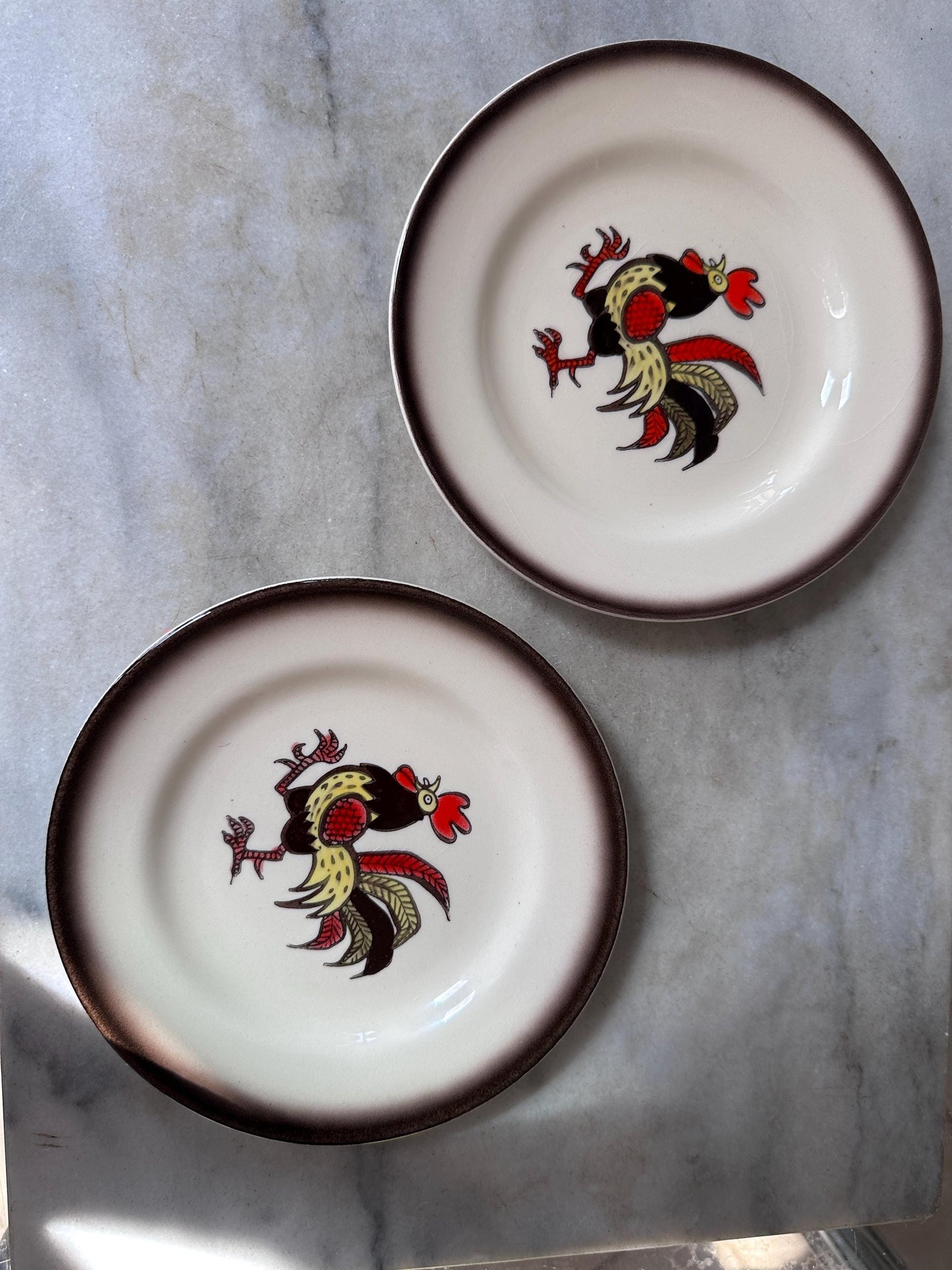 Set of 2 Vintage Metlox Red Rooster Dessert Plates – Farmhouse Kitchen MCM USA, 6.25”