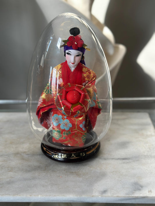 Japanese Okinawa Porcelain Ryukyu Geisha Doll in Encased Clear Glass Egg – 10.5” x 5.5” | Vintage Asian Decorative Figurine