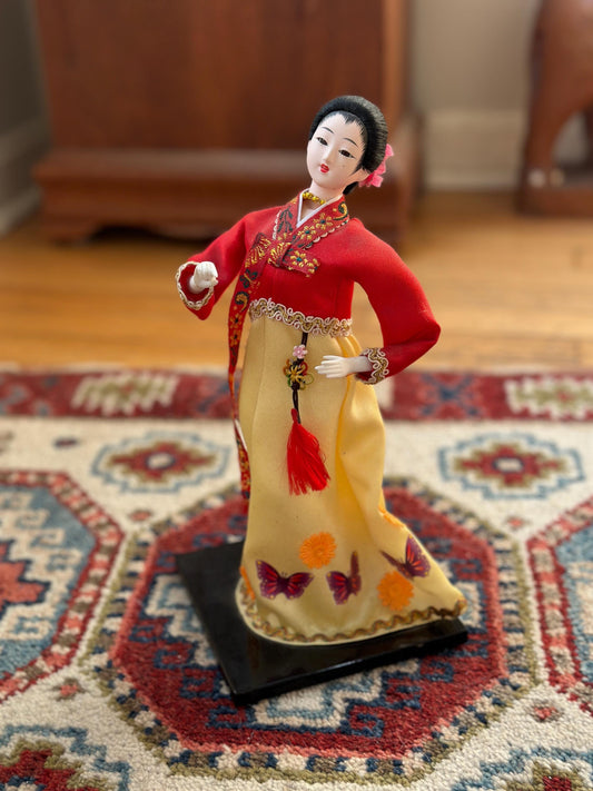 Vintage Traditional Korean Hanbok Doll | Silk Hanbok in Red & Yellow | Korean Display Doll | Asian Folk Art | Mid Century Home Decor | 11.5”