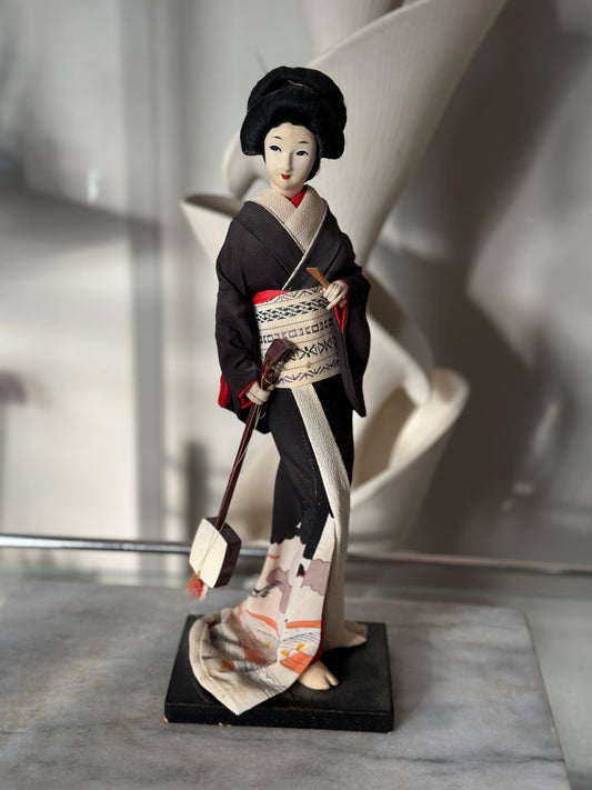 Vintage 1960s Geisha Doll with Shamisen | Silk Kimono Crane Landscape | Handcrafted Japan Decor