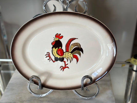 Vintage Metlox Poppytrail Red Rooster Oval Serving Platter | Vernon Ware California Pottery | Mid Century Modern Farmhouse Decor