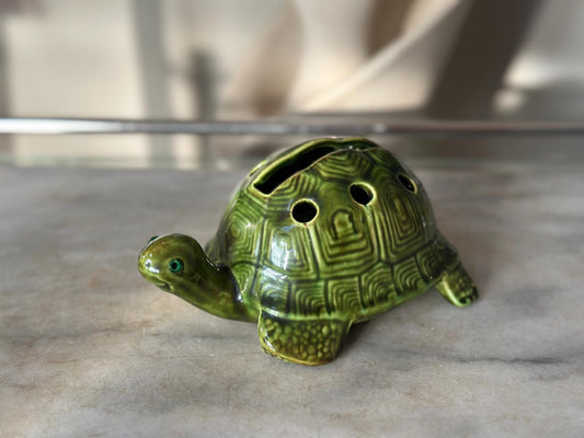 Vintage Green Drip Glaze Ceramic Turtle Flower Frog | Kitschy Blue Eyed Turtle Vase | Mid Century Floral Frog | 1960s 1970s Decor