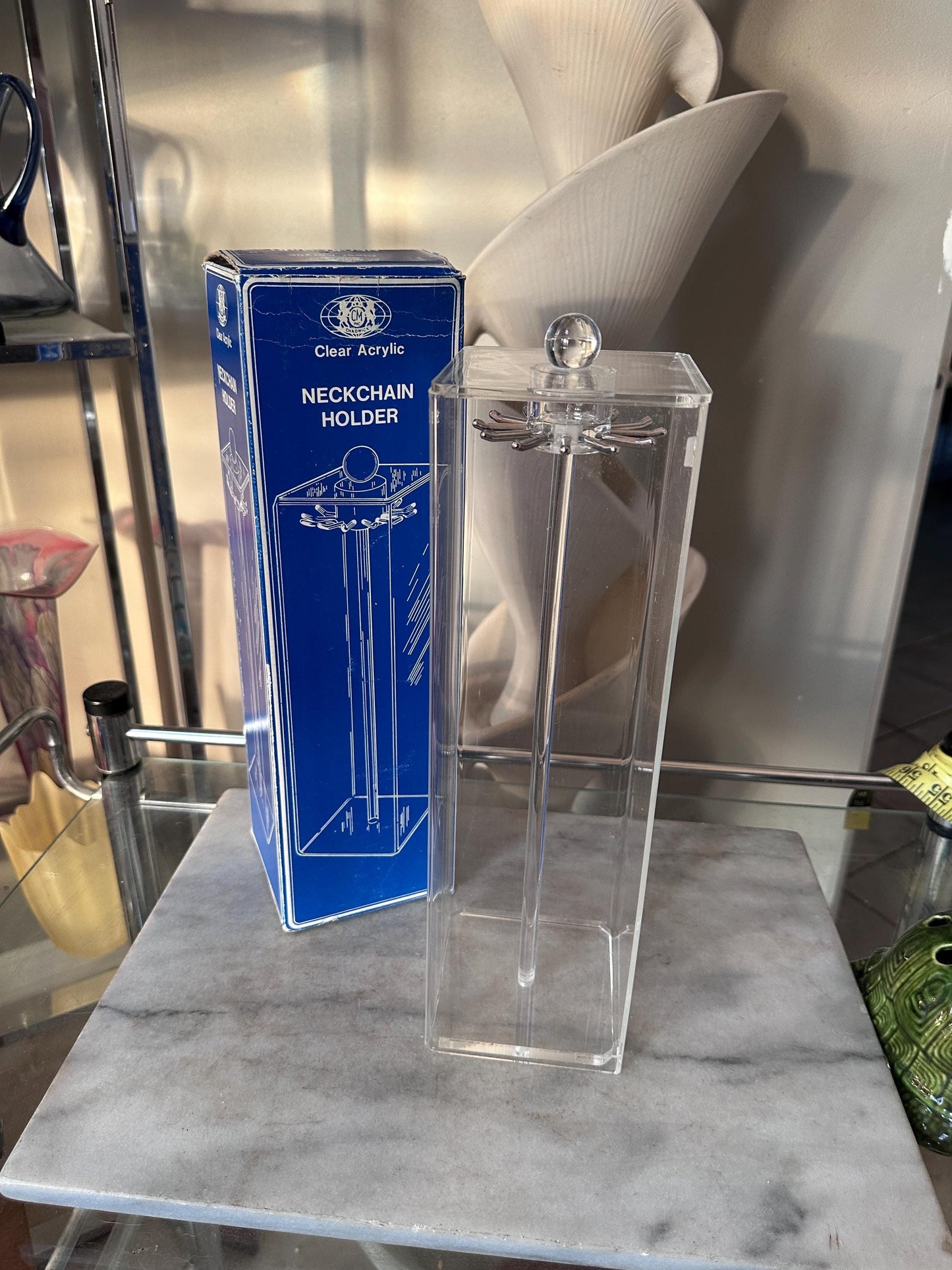 Vintage Chadwick Acrylic Necklace Holder with Original Box | Clear Jewelry Display Case Vanity Organizer | Made in Taiwan | 13 x 4