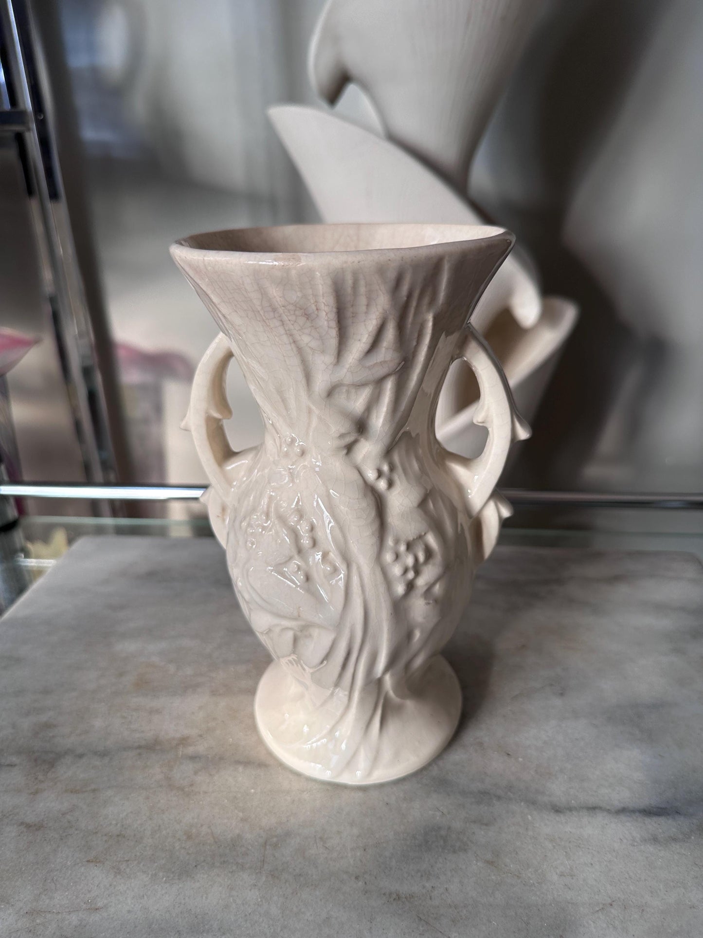 Vintage McCoy Peacock / Bird of Paradise Vase, Glossy White Art Pottery,Mid Century McCoy, 8” Ceramic Vase, USA Pottery - SEE DESCRIPTION