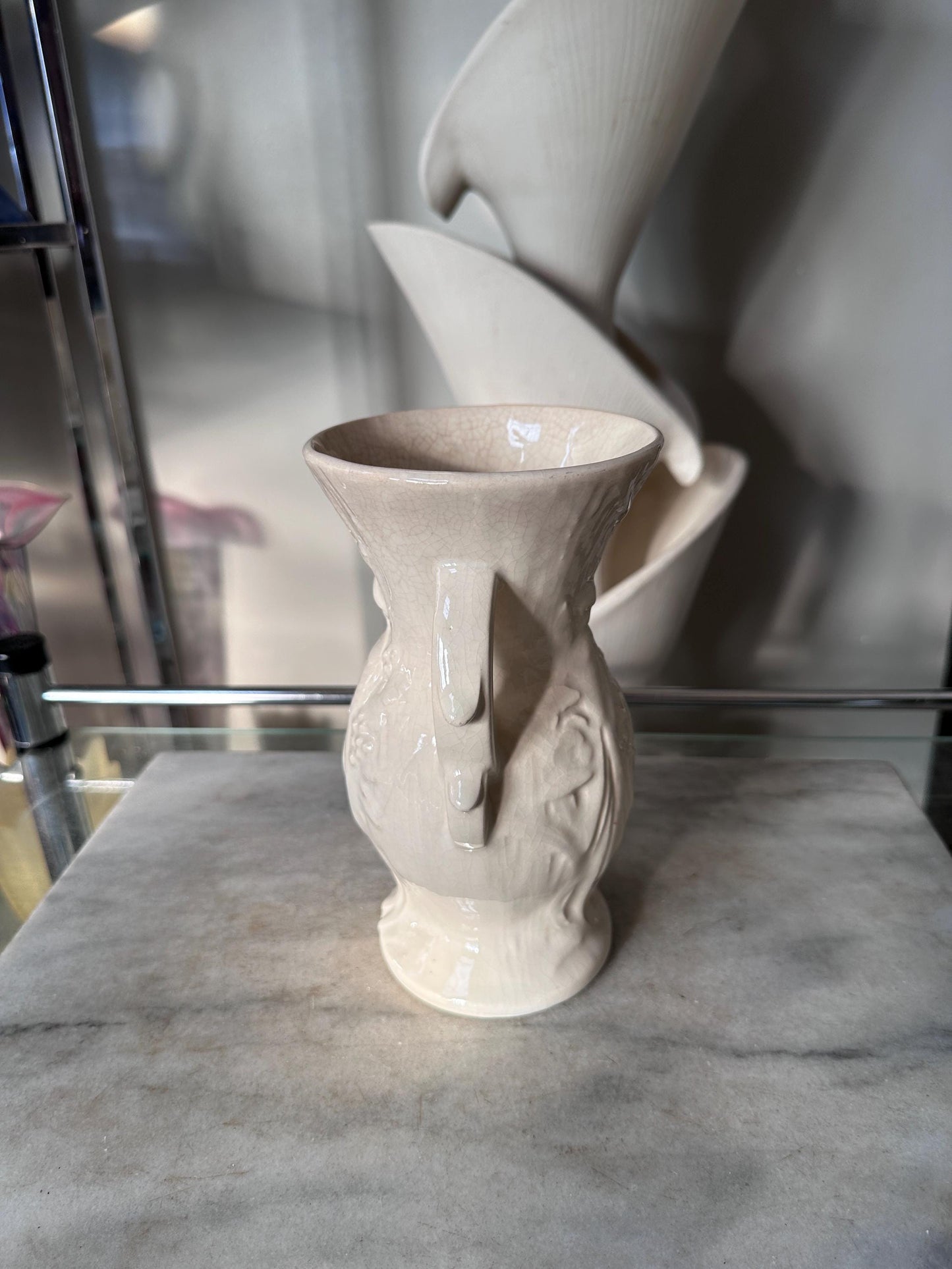 Vintage McCoy Peacock / Bird of Paradise Vase, Glossy White Art Pottery,Mid Century McCoy, 8” Ceramic Vase, USA Pottery - SEE DESCRIPTION