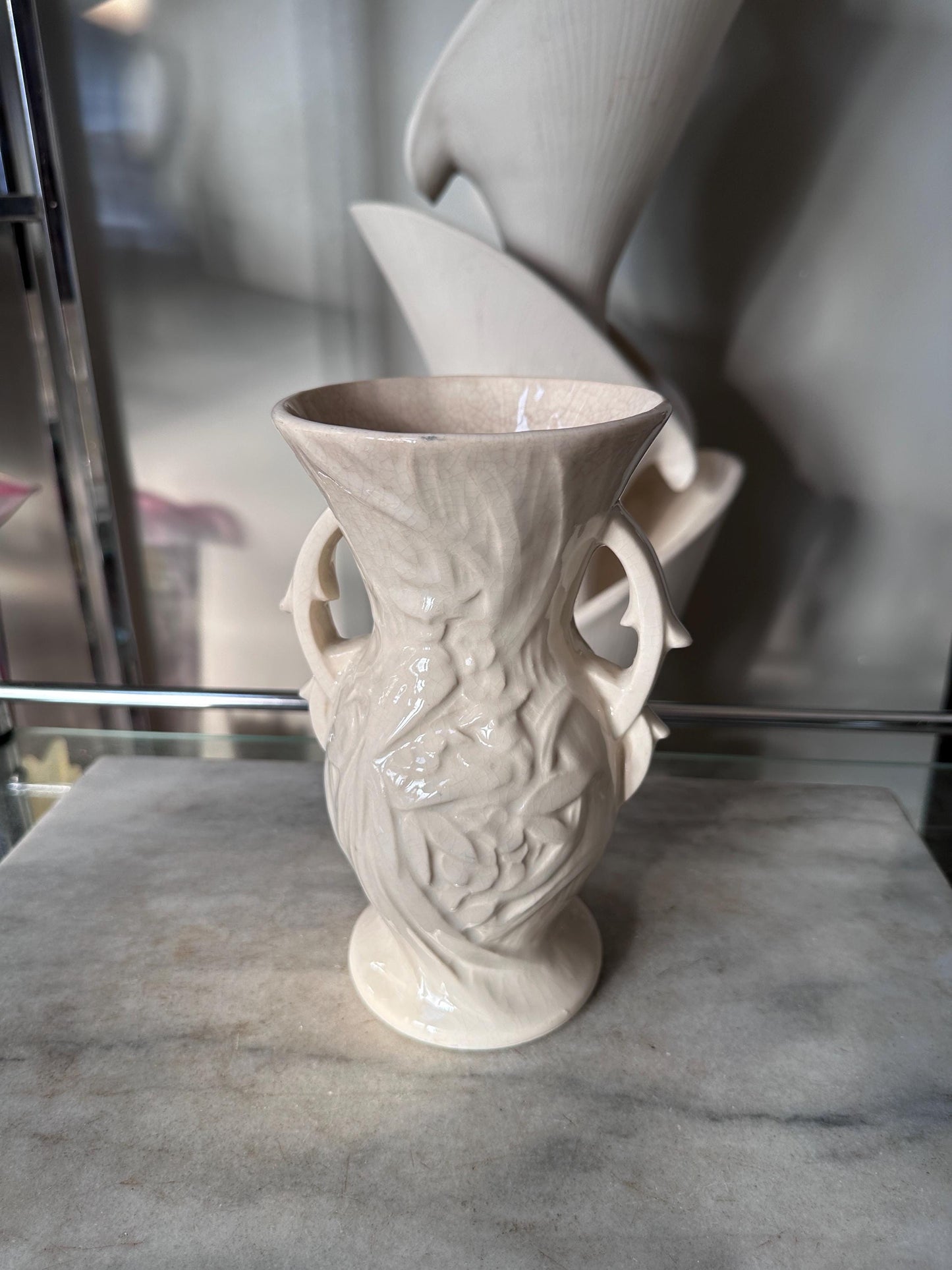 Vintage McCoy Peacock / Bird of Paradise Vase, Glossy White Art Pottery,Mid Century McCoy, 8” Ceramic Vase, USA Pottery - SEE DESCRIPTION