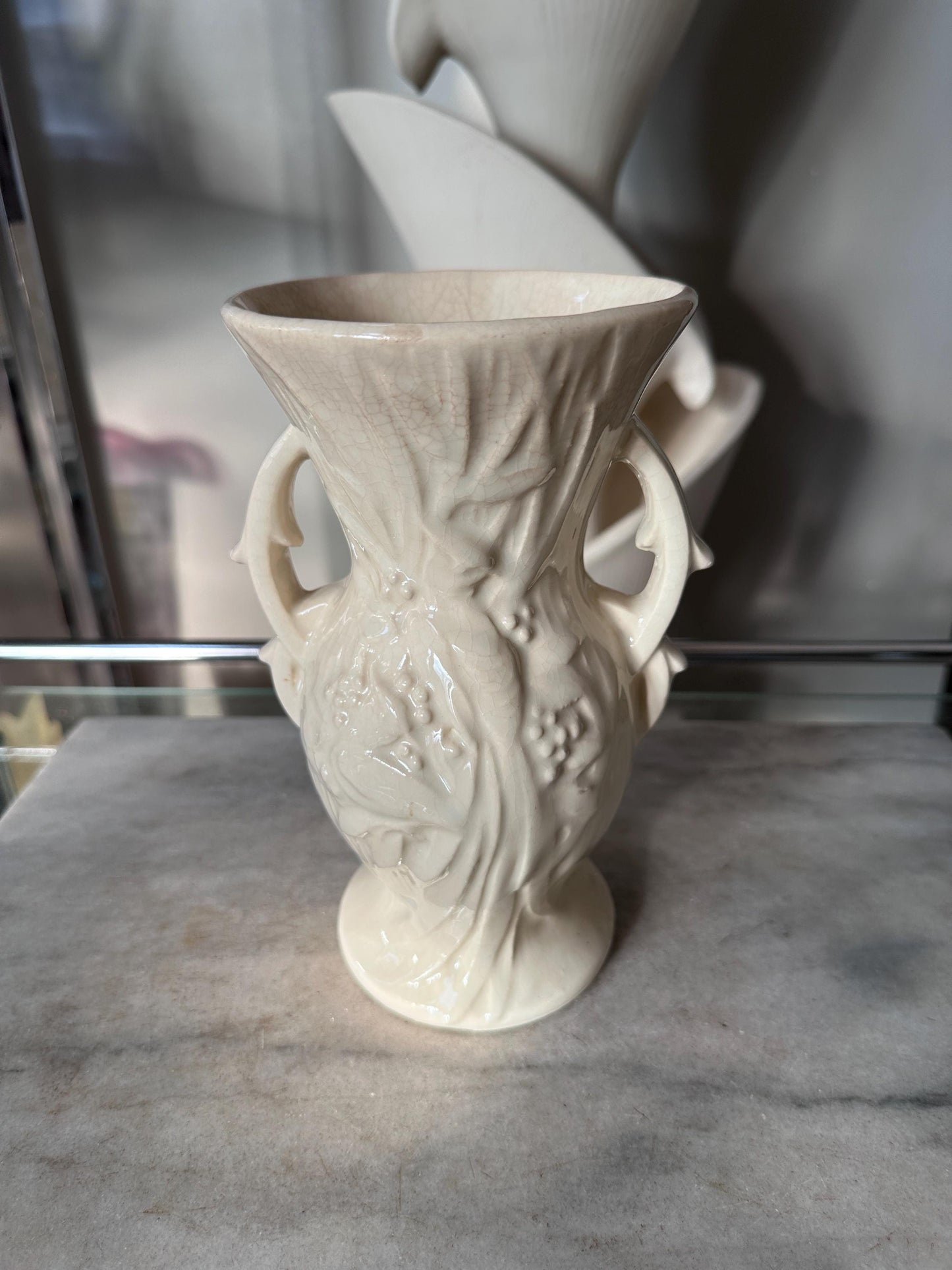 Vintage McCoy Peacock / Bird of Paradise Vase, Glossy White Art Pottery,Mid Century McCoy, 8” Ceramic Vase, USA Pottery - SEE DESCRIPTION
