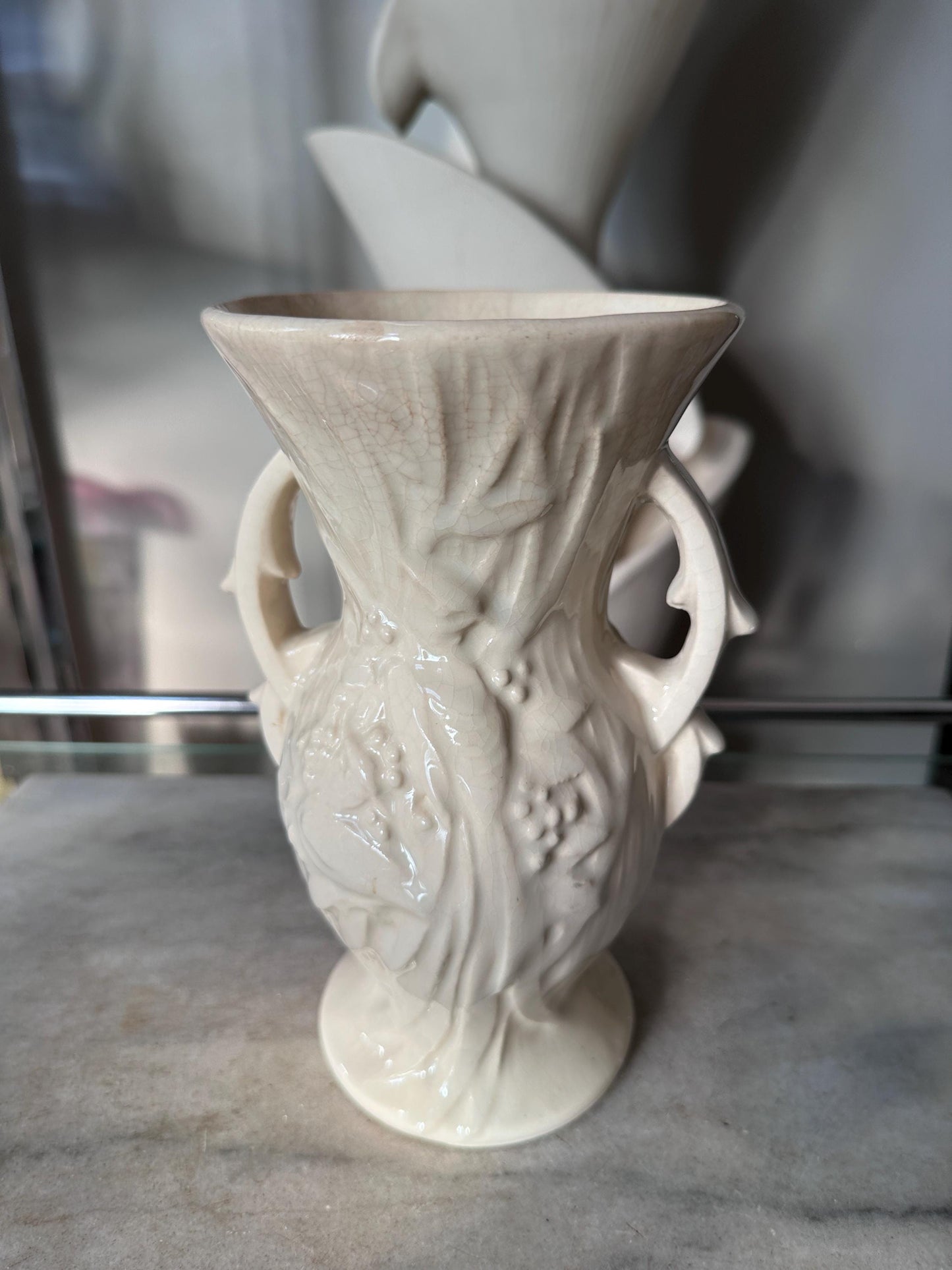 Vintage McCoy Peacock / Bird of Paradise Vase, Glossy White Art Pottery,Mid Century McCoy, 8” Ceramic Vase, USA Pottery - SEE DESCRIPTION