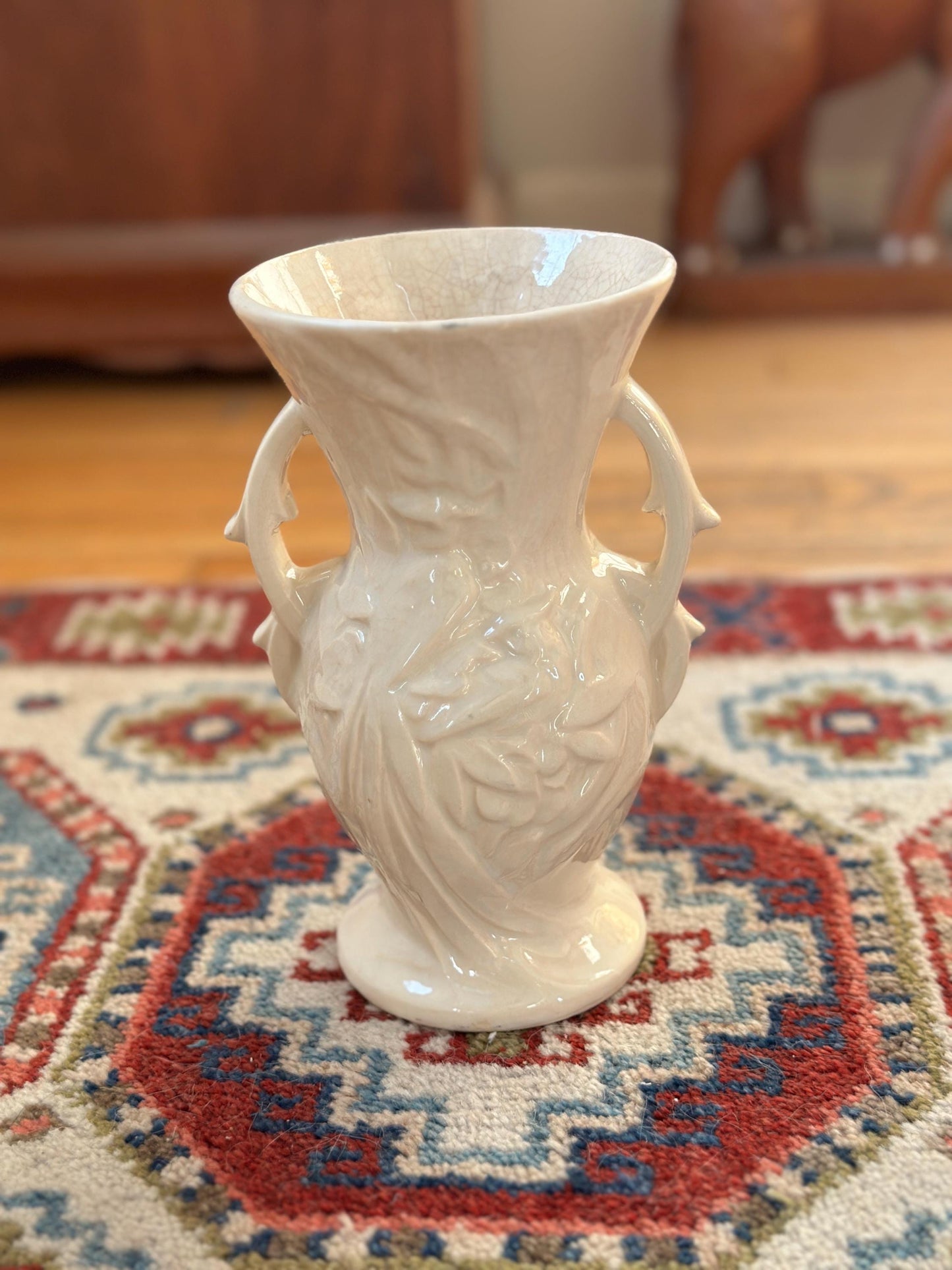 Vintage McCoy Peacock / Bird of Paradise Vase, Glossy White Art Pottery,Mid Century McCoy, 8” Ceramic Vase, USA Pottery - SEE DESCRIPTION