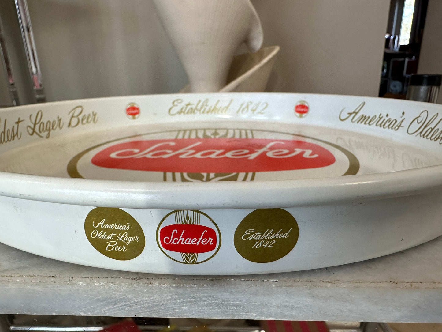 Vintage Schaefer Beer Metal Bar Tray |  Beer Lover Gift Home Bar Accessories Authentic Budweiser Memorabilia Round Serving Tray