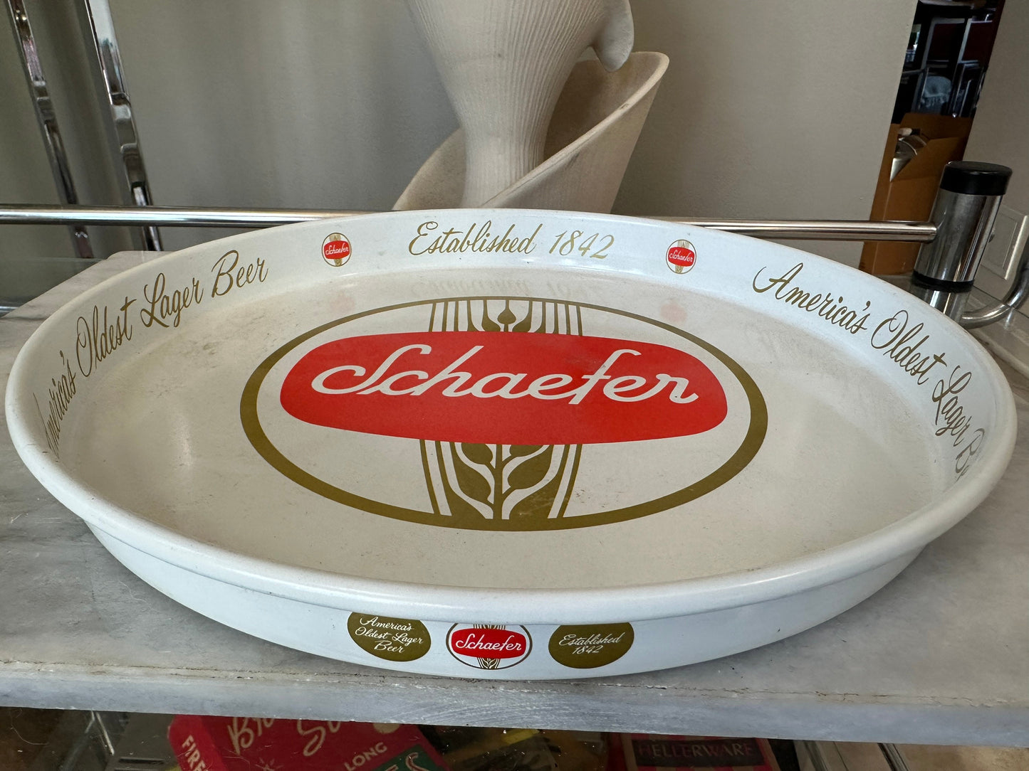 Vintage Schaefer Beer Metal Bar Tray |  Beer Lover Gift Home Bar Accessories Authentic Budweiser Memorabilia Round Serving Tray