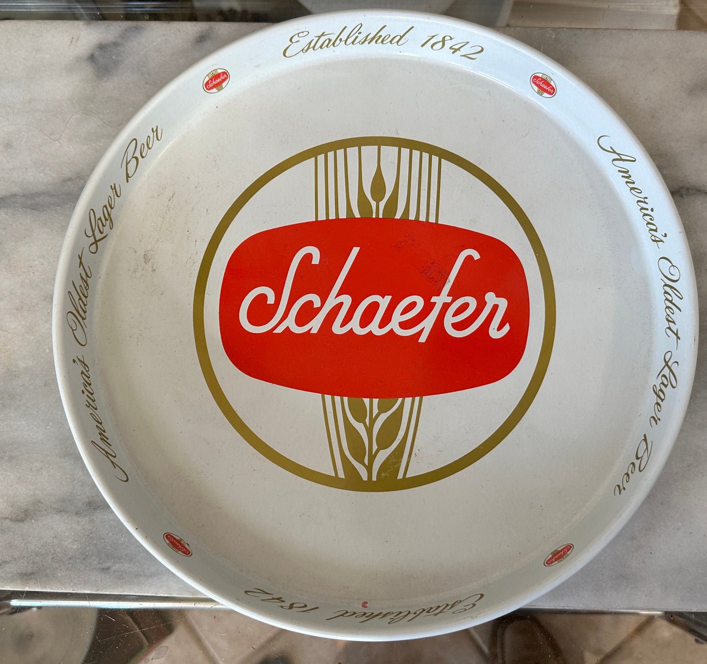 Vintage Schaefer Beer Metal Bar Tray |  Beer Lover Gift Home Bar Accessories Authentic Budweiser Memorabilia Round Serving Tray