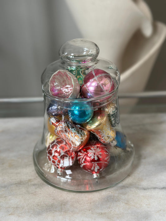 Vintage Apothecary Glass Bell Jar Filled with 20 Vintage Glass Ornaments | Liberty Bell Candy Jar | Christmas Holiday Decor | MCM Display