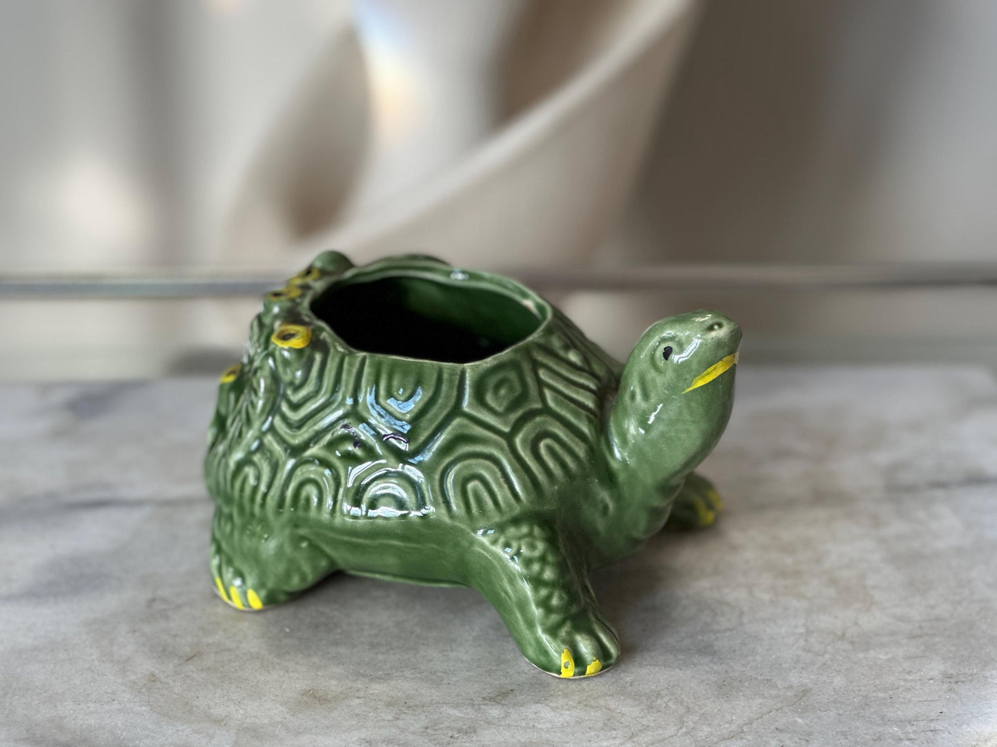 Vintage 1950s McCoy Pottery Turtle Planter | Green Textured Ceramic Flower Pot | Mid Century Modern MCM Succulent Planter | USA Pottery