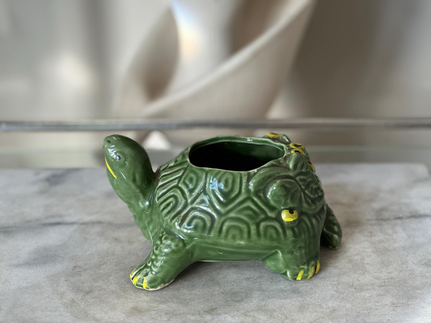 Vintage 1950s McCoy Pottery Turtle Planter | Green Textured Ceramic Flower Pot | Mid Century Modern MCM Succulent Planter | USA Pottery
