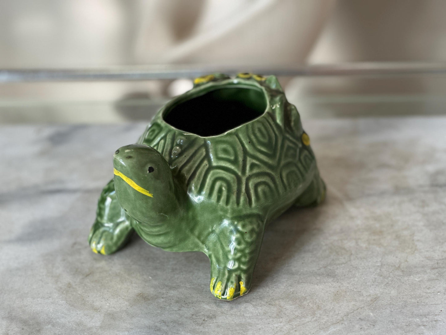 Vintage 1950s McCoy Pottery Turtle Planter | Green Textured Ceramic Flower Pot | Mid Century Modern MCM Succulent Planter | USA Pottery