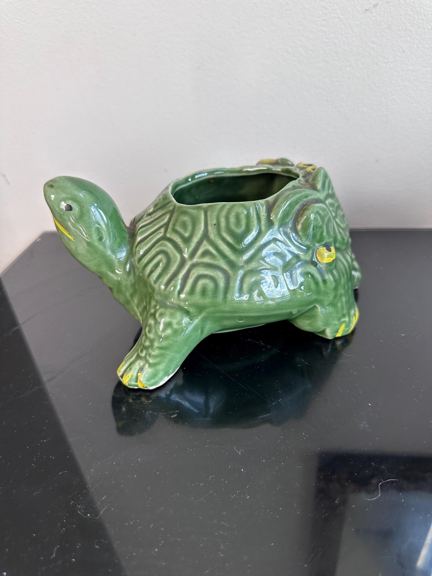 Vintage 1950s McCoy Pottery Turtle Planter | Green Textured Ceramic Flower Pot | Mid Century Modern MCM Succulent Planter | USA Pottery