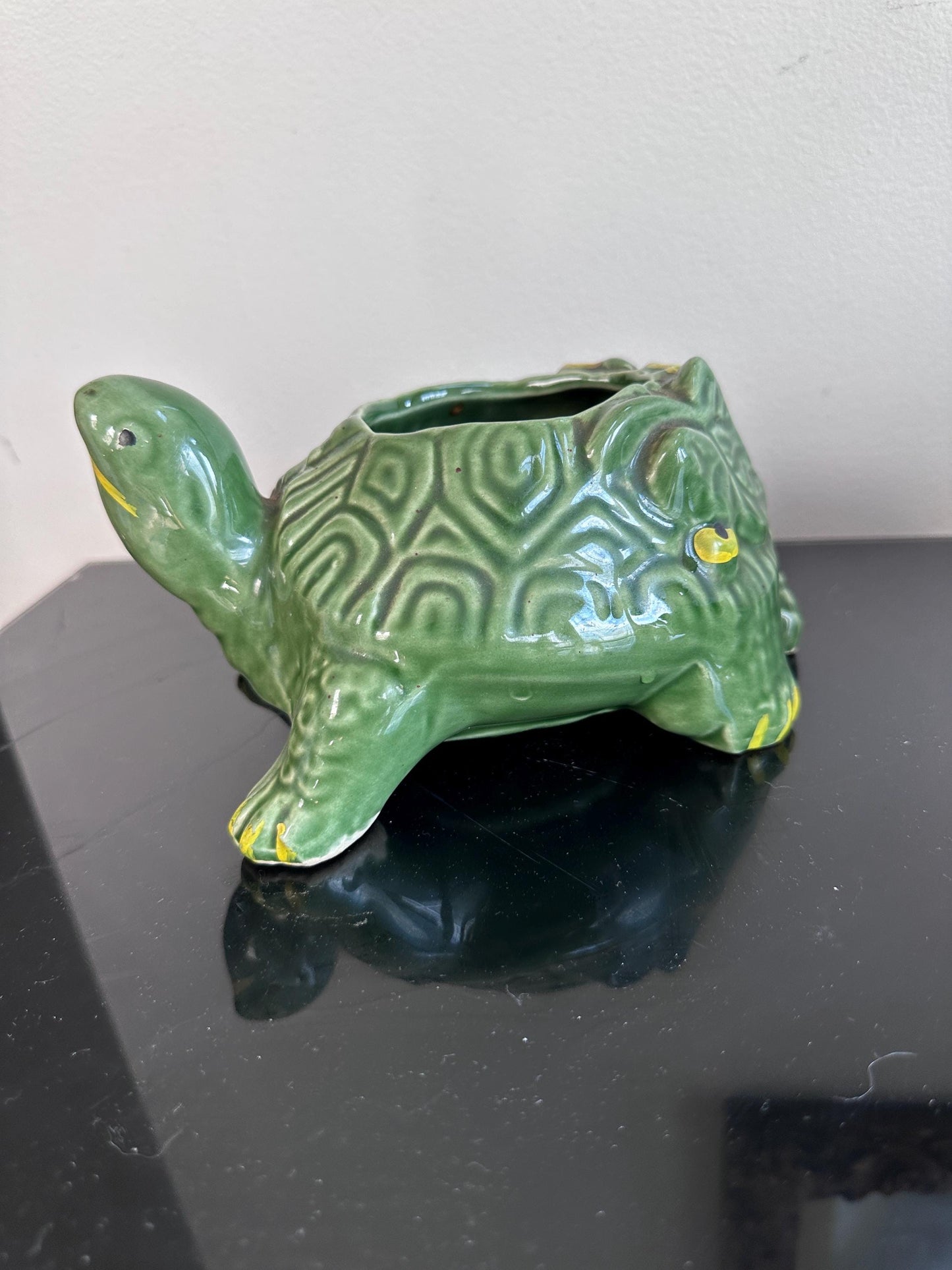 Vintage 1950s McCoy Pottery Turtle Planter | Green Textured Ceramic Flower Pot | Mid Century Modern MCM Succulent Planter | USA Pottery