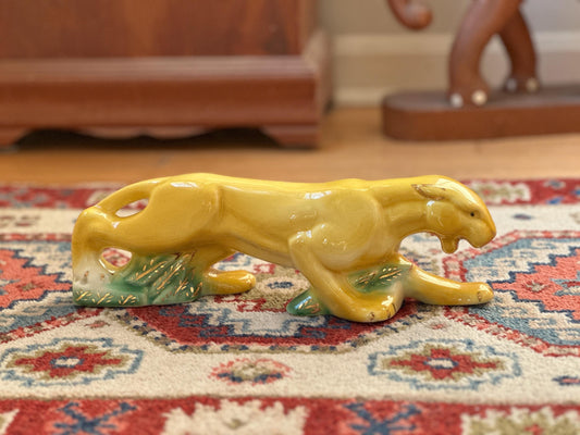 Rare MCM Yellow Crouching Panther Figurine | Mid Century Modern Ceramic Leopard Statue | Green Grass & Gold Gilt Accents | MCM Decor