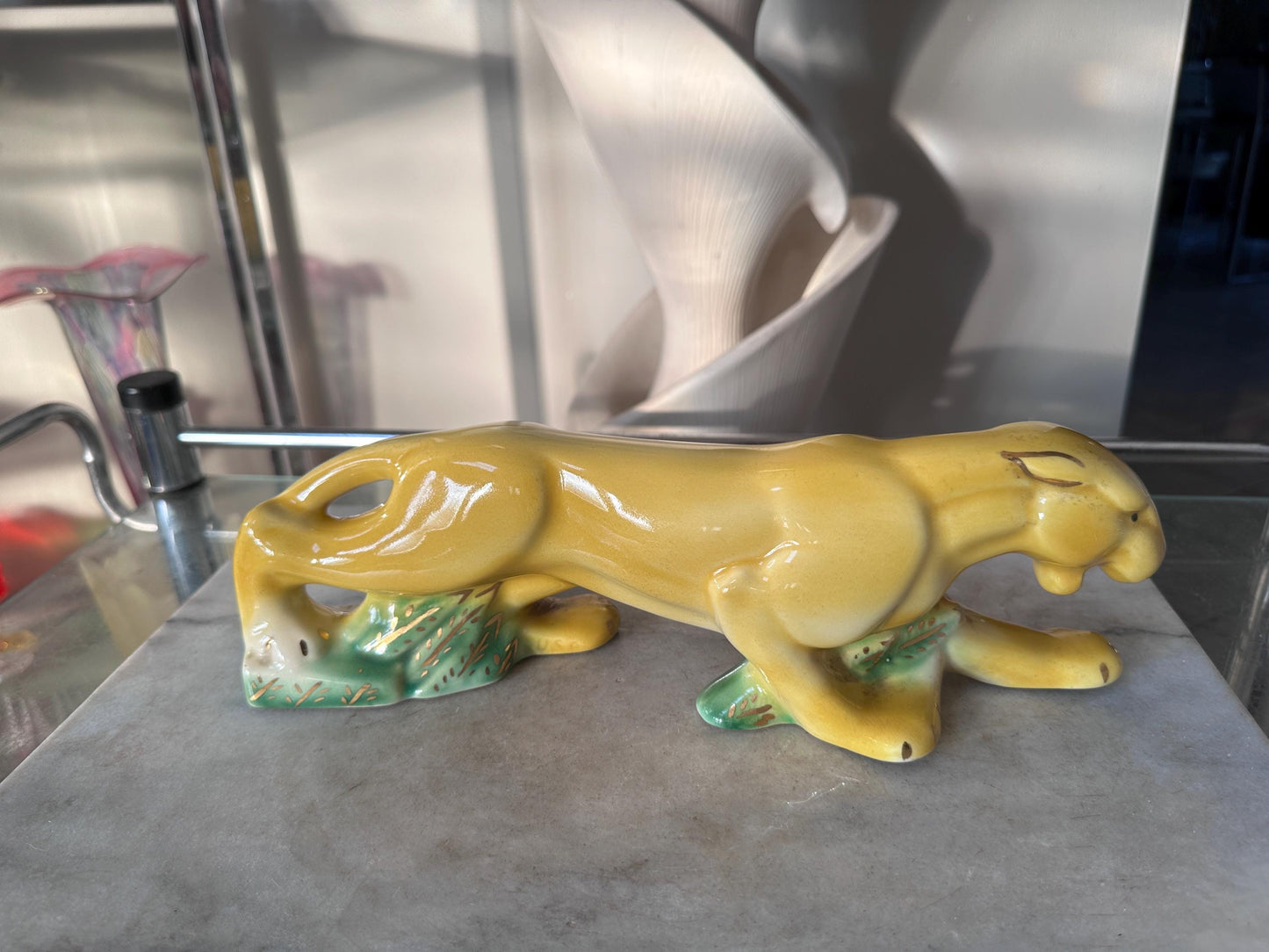 Rare MCM Yellow Crouching Panther Figurine | Mid Century Modern Ceramic Leopard Statue | Green Grass & Gold Gilt Accents | MCM Decor