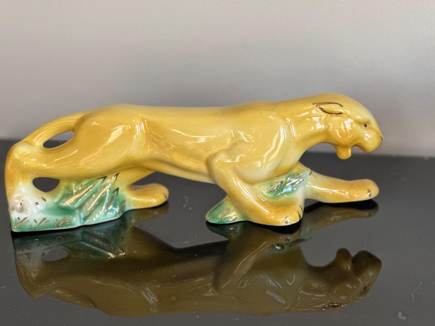 Rare MCM Yellow Crouching Panther Figurine | Mid Century Modern Ceramic Leopard Statue | Green Grass & Gold Gilt Accents | MCM Decor