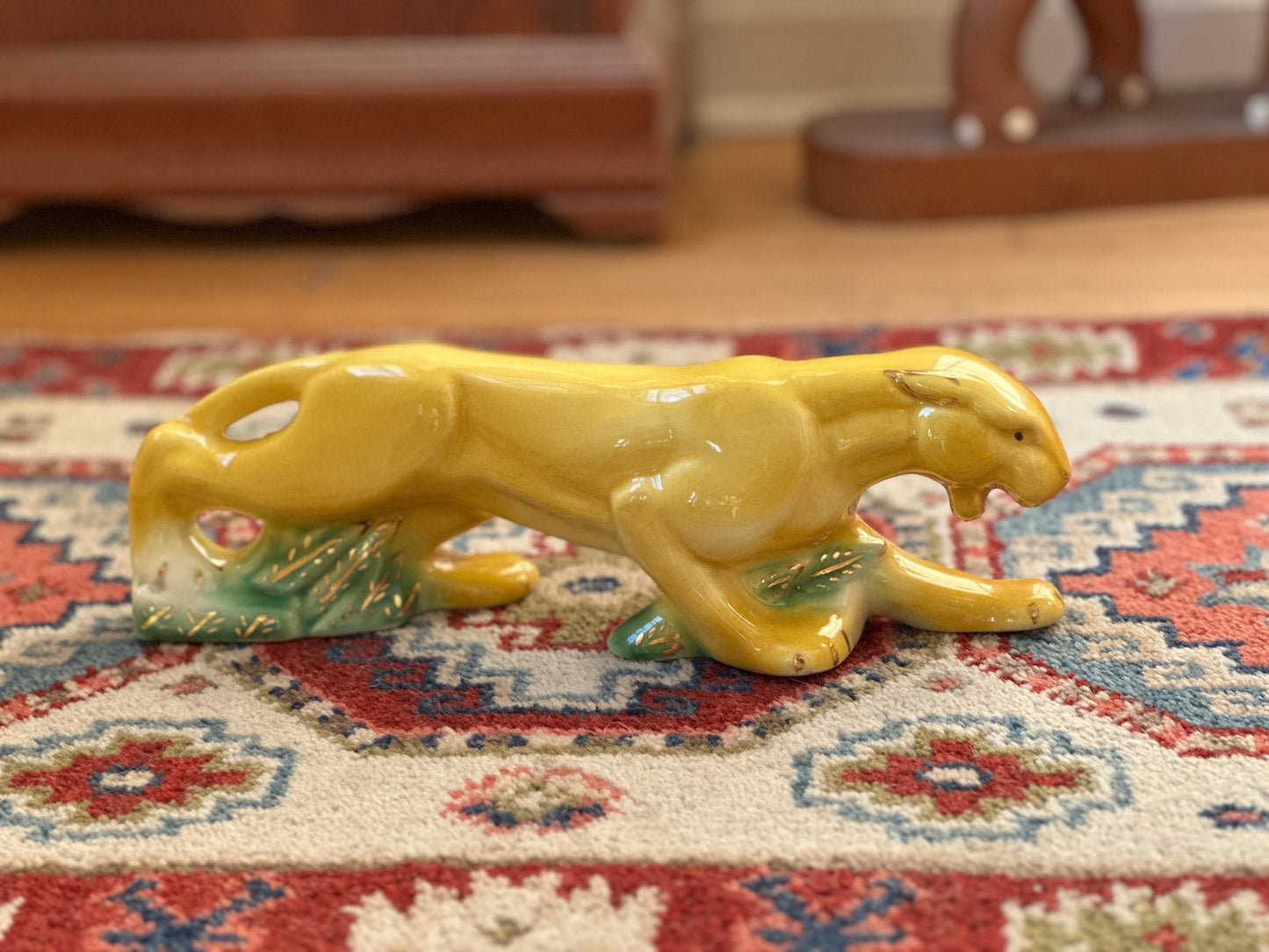 Rare MCM Yellow Crouching Panther Figurine | Mid Century Modern Ceramic Leopard Statue | Green Grass & Gold Gilt Accents | MCM Decor