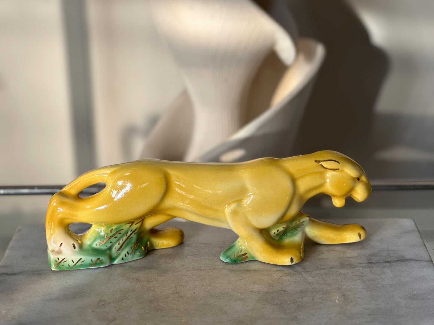 Rare MCM Yellow Crouching Panther Figurine | Mid Century Modern Ceramic Leopard Statue | Green Grass & Gold Gilt Accents | MCM Decor