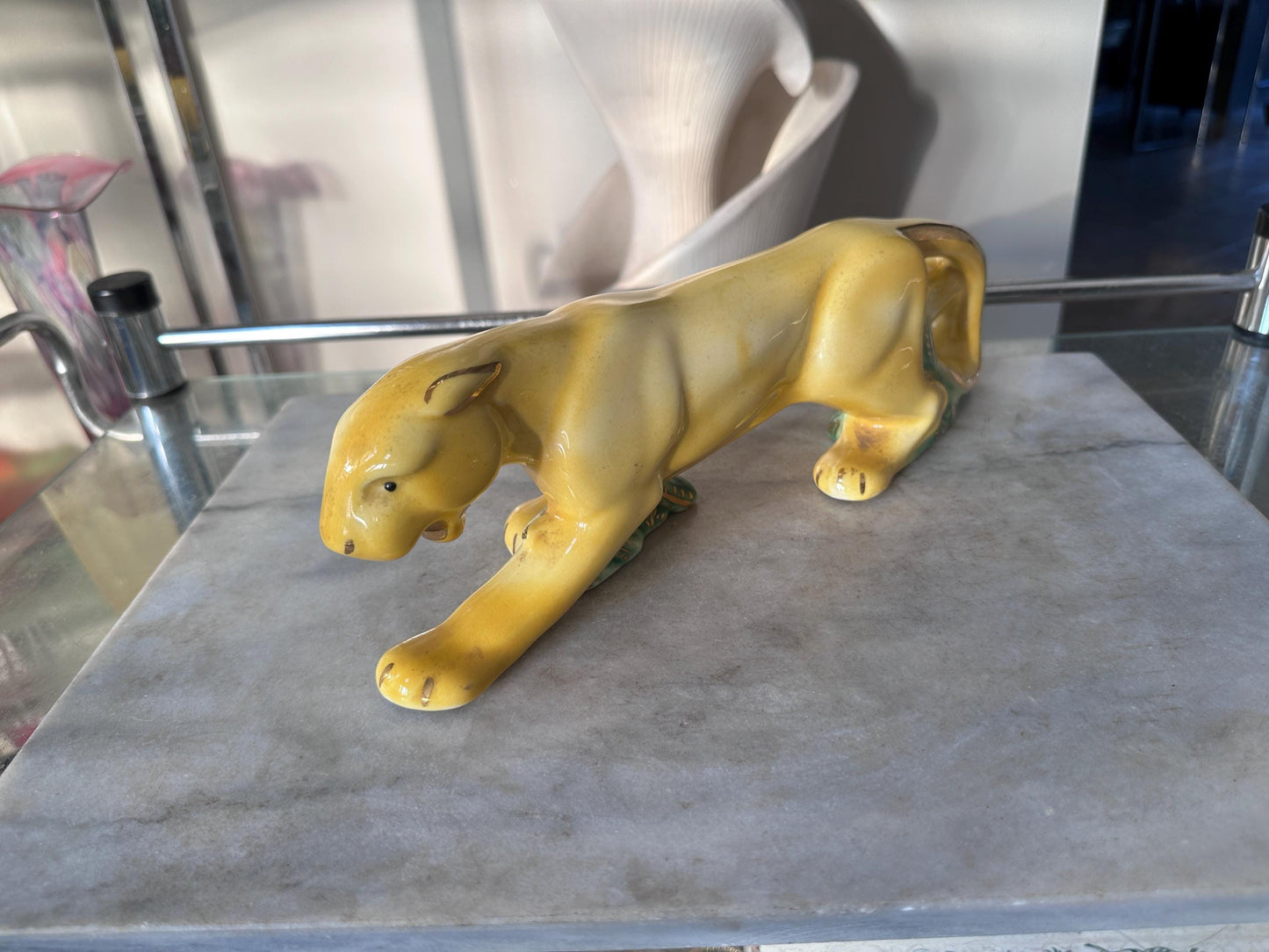 Rare MCM Yellow Crouching Panther Figurine | Mid Century Modern Ceramic Leopard Statue | Green Grass & Gold Gilt Accents | MCM Decor
