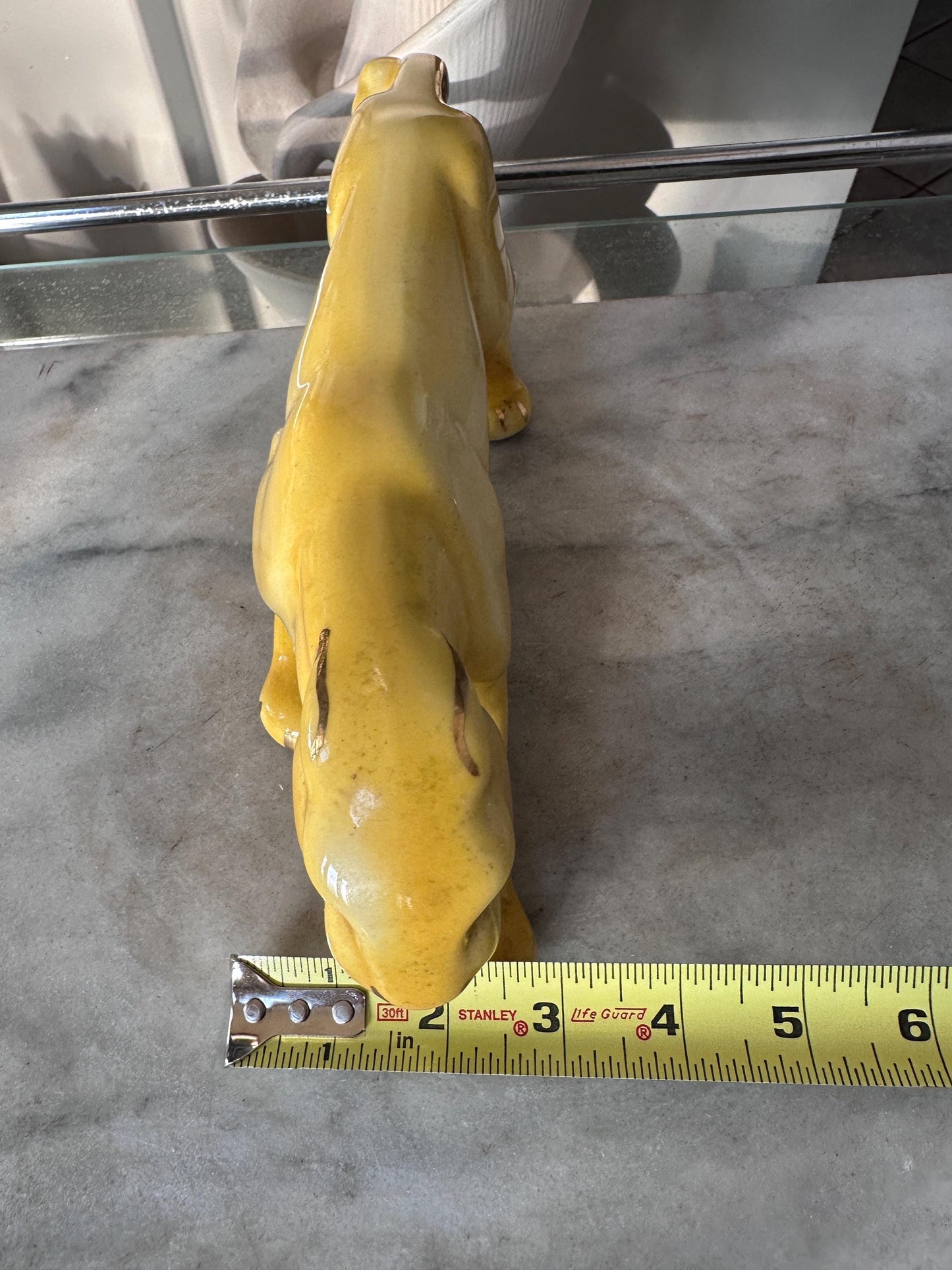 Rare MCM Yellow Crouching Panther Figurine | Mid Century Modern Ceramic Leopard Statue | Green Grass & Gold Gilt Accents | MCM Decor