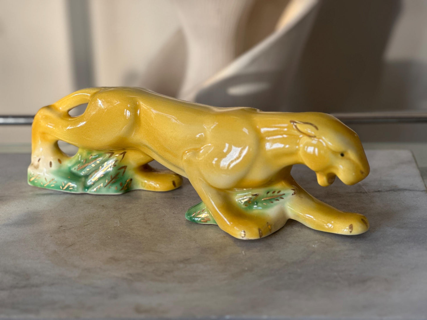 Rare MCM Yellow Crouching Panther Figurine | Mid Century Modern Ceramic Leopard Statue | Green Grass & Gold Gilt Accents | MCM Decor