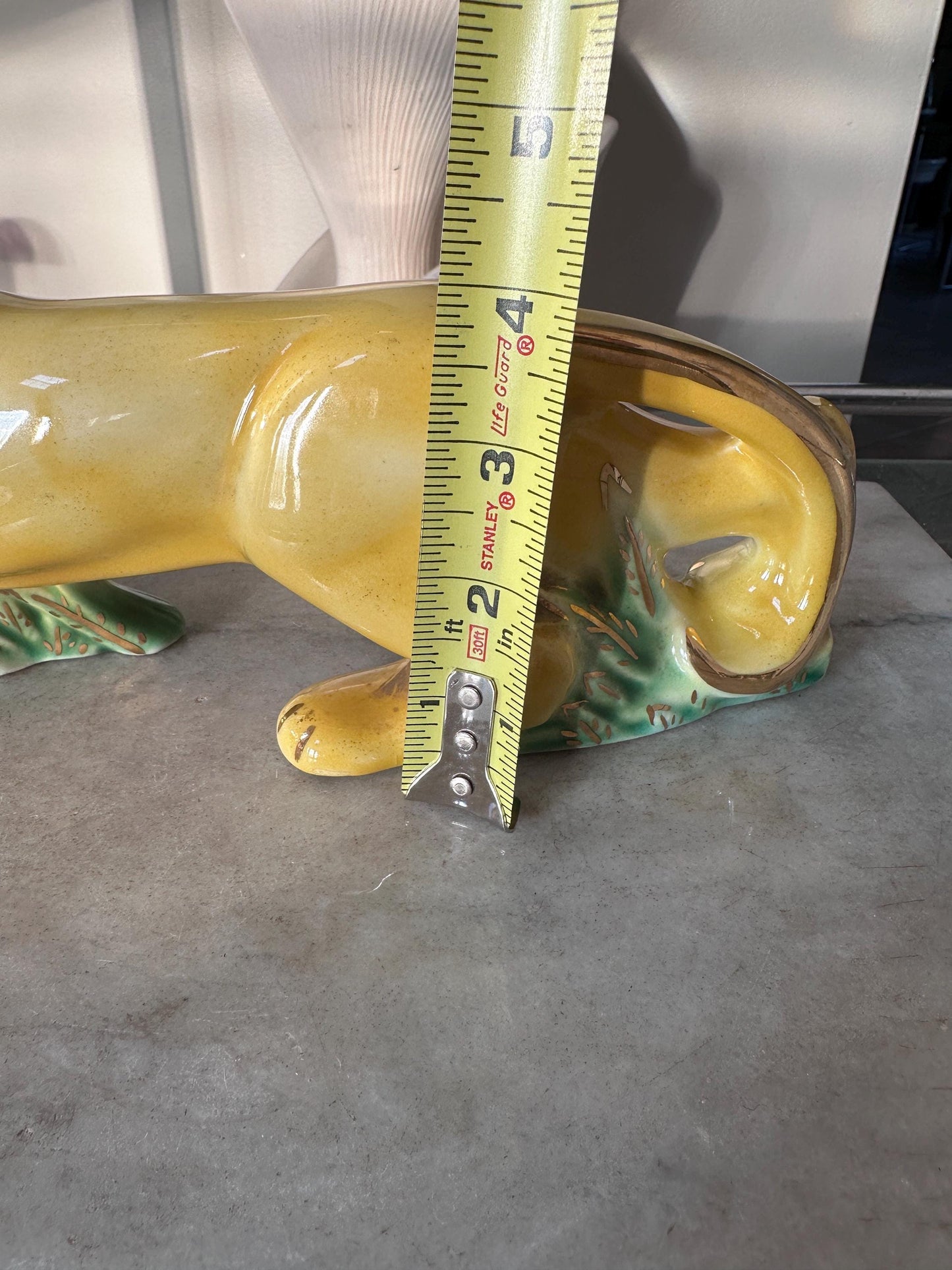 Rare MCM Yellow Crouching Panther Figurine | Mid Century Modern Ceramic Leopard Statue | Green Grass & Gold Gilt Accents | MCM Decor
