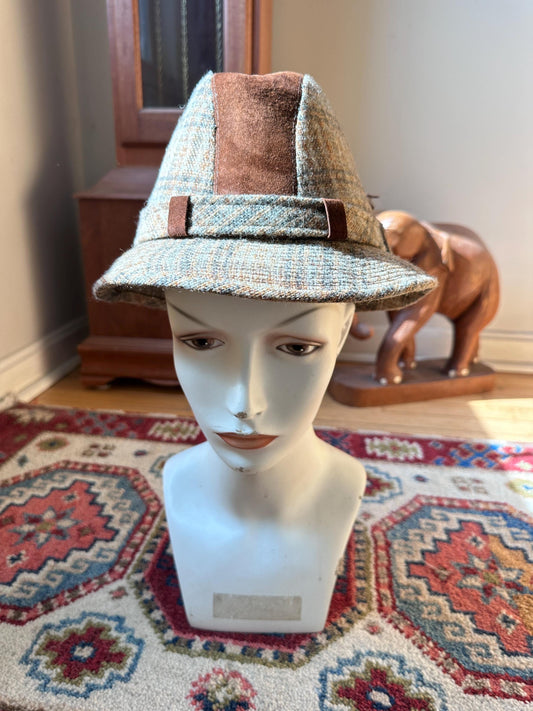 Vintage Dobbs Cambridge Wool Plaid & Brown Suede Hat Size 6 7/8 | 1960s Fall Fashion Hat | Retro Country Chic Millinery