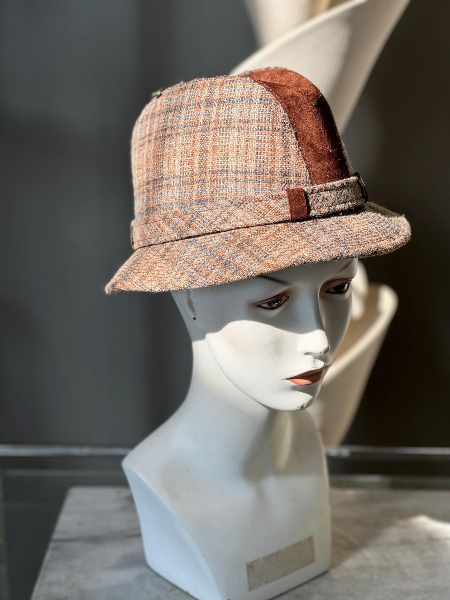 Vintage Dobbs Cambridge Wool Plaid & Brown Suede Hat Size 6 7/8 | 1960s Fall Fashion Hat | Retro Country Chic Millinery