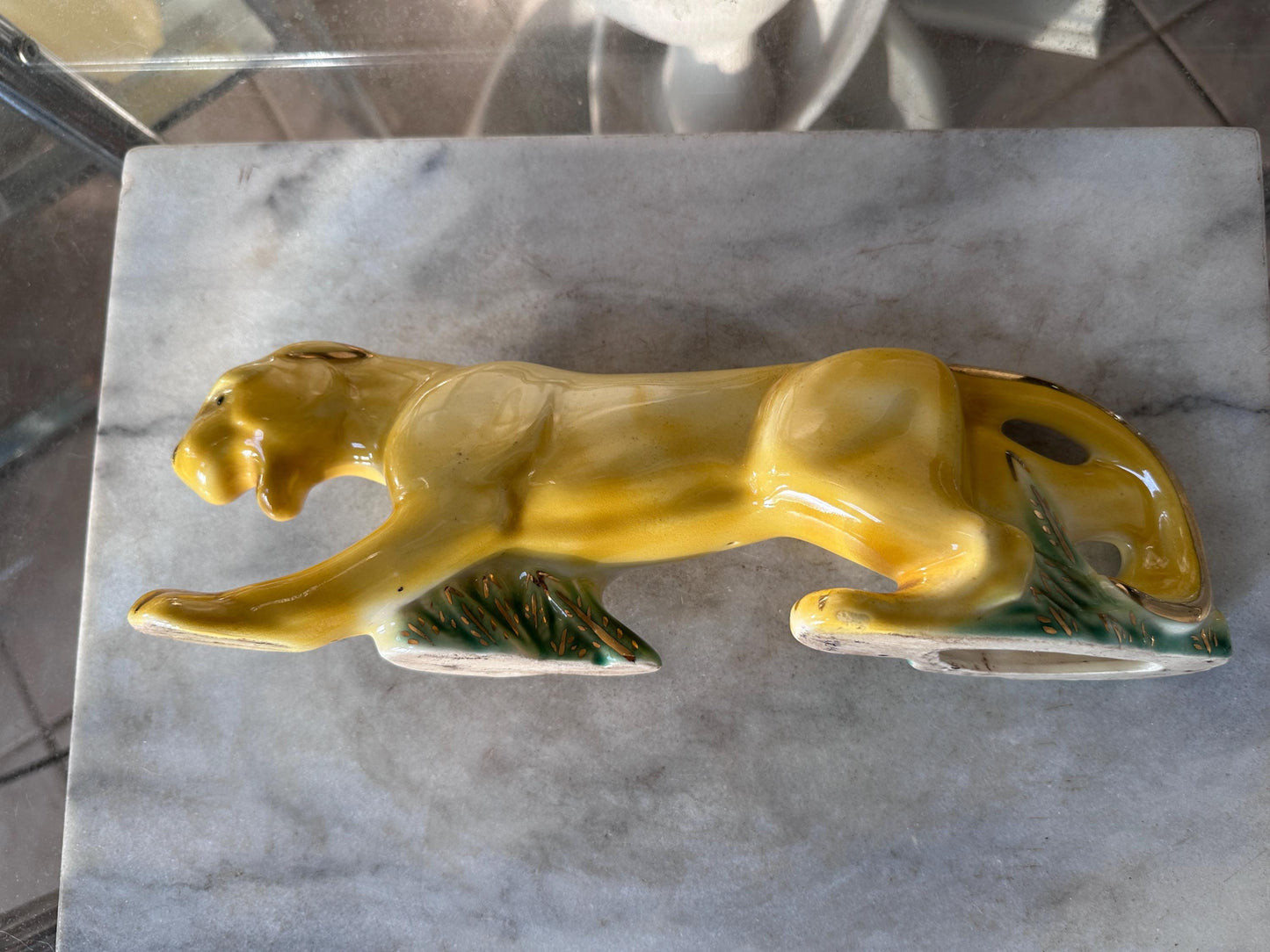 Rare MCM Yellow Crouching Panther Figurine | Mid Century Modern Ceramic Leopard Statue | Green Grass & Gold Gilt Accents | MCM Decor