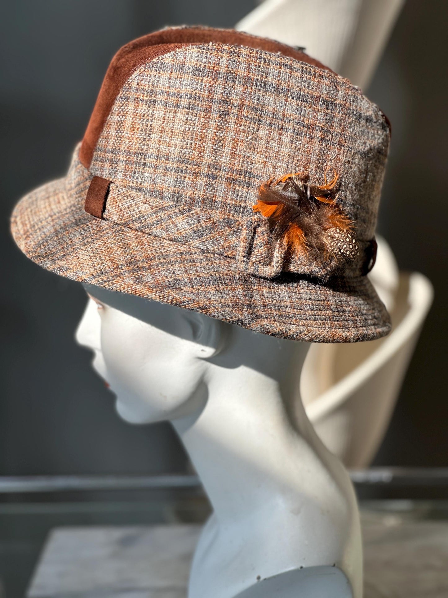 Vintage Dobbs Cambridge Wool Plaid & Brown Suede Hat Size 6 7/8 | 1960s Fall Fashion Hat | Retro Country Chic Millinery