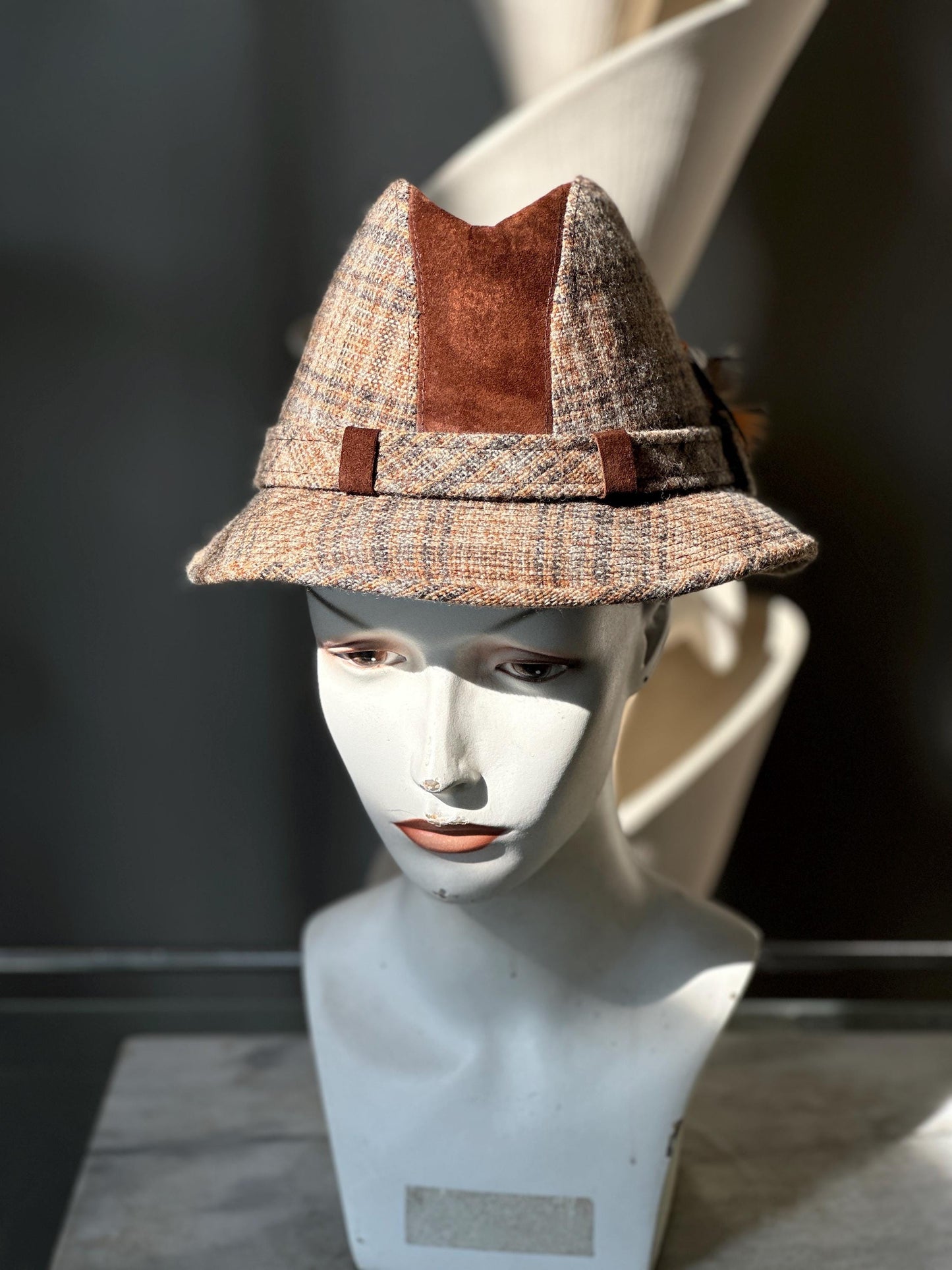 Vintage Dobbs Cambridge Wool Plaid & Brown Suede Hat Size 6 7/8 | 1960s Fall Fashion Hat | Retro Country Chic Millinery