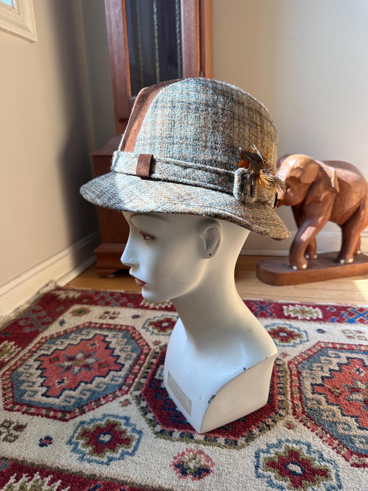 Vintage Dobbs Cambridge Wool Plaid & Brown Suede Hat Size 6 7/8 | 1960s Fall Fashion Hat | Retro Country Chic Millinery